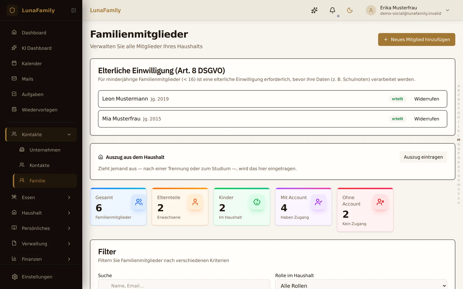 Alle Familienmitglieder mit eigenen Profilen