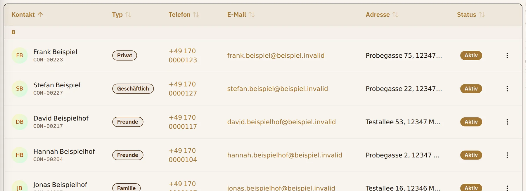 Kontakte mit Typ, Telefon, E-Mail und Adresse