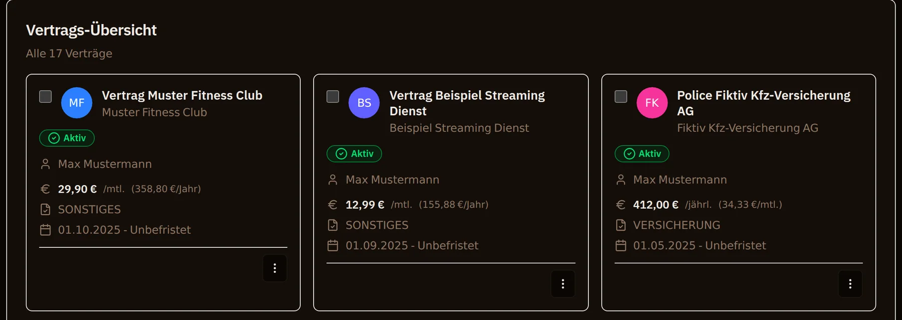 Jeder Vertrag mit Kosten, Laufzeit und Ansprechpartner